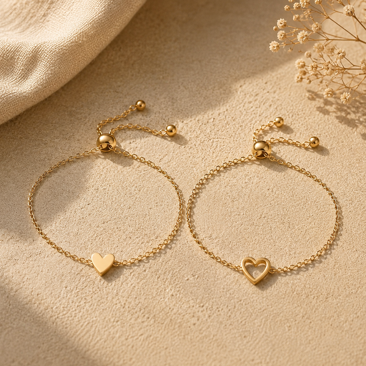 Two matching gold heart bracelets side by side on warm stone