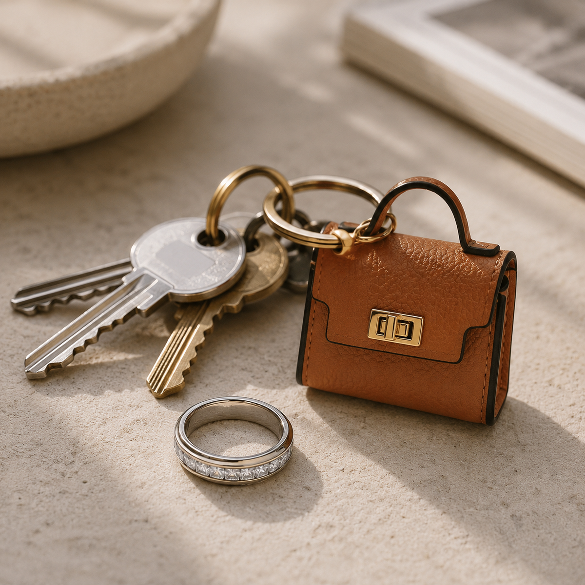 Tan leather bag charm and silver ring beside a set of keys