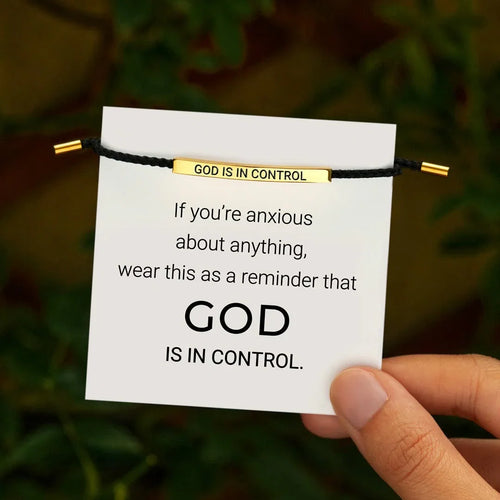 God Is In Control Bracelet — beaded stretch bracelet with an engraved faith message bar
