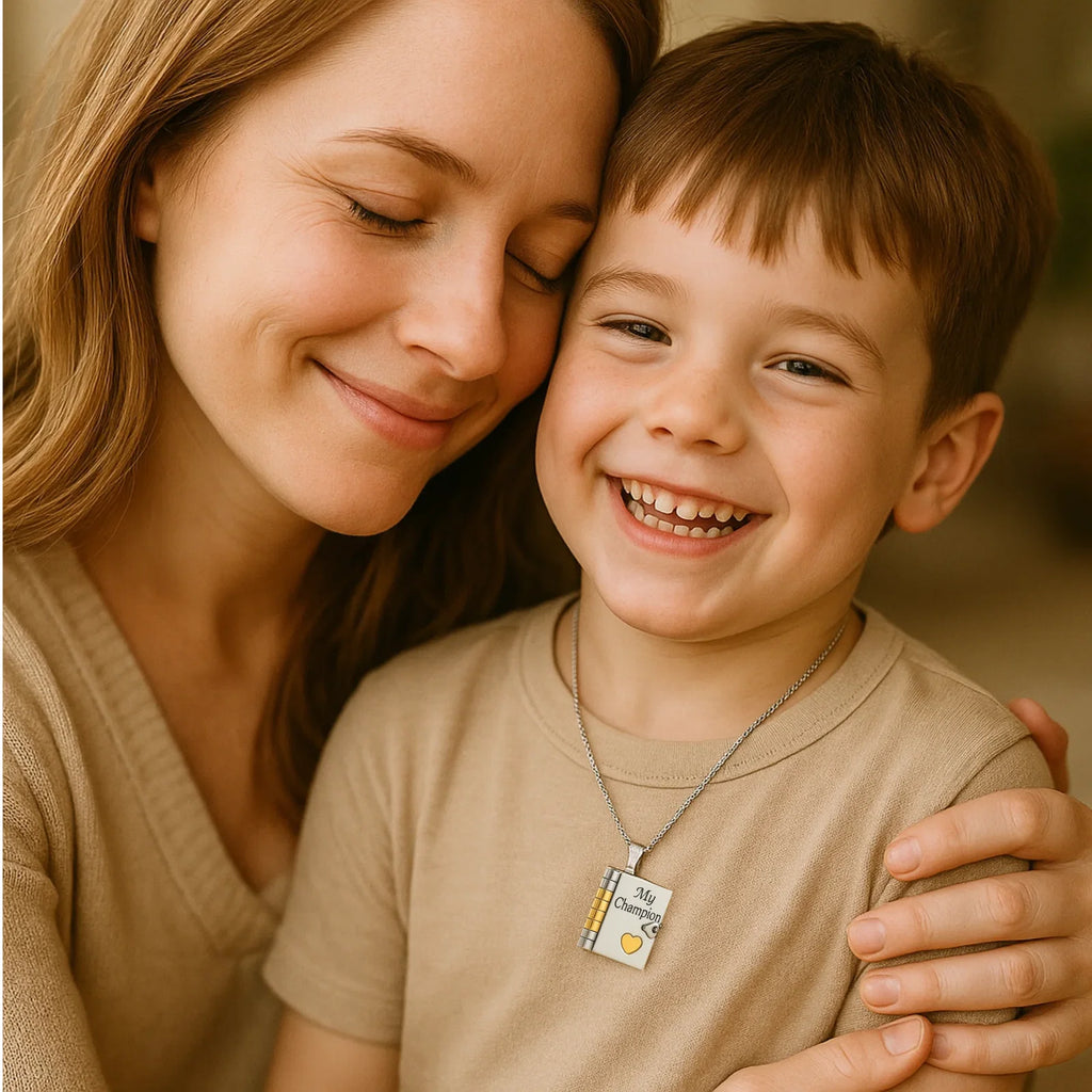 My Champion Necklace for Son — pendant necklace and keychain for a son, sent with a printed message card