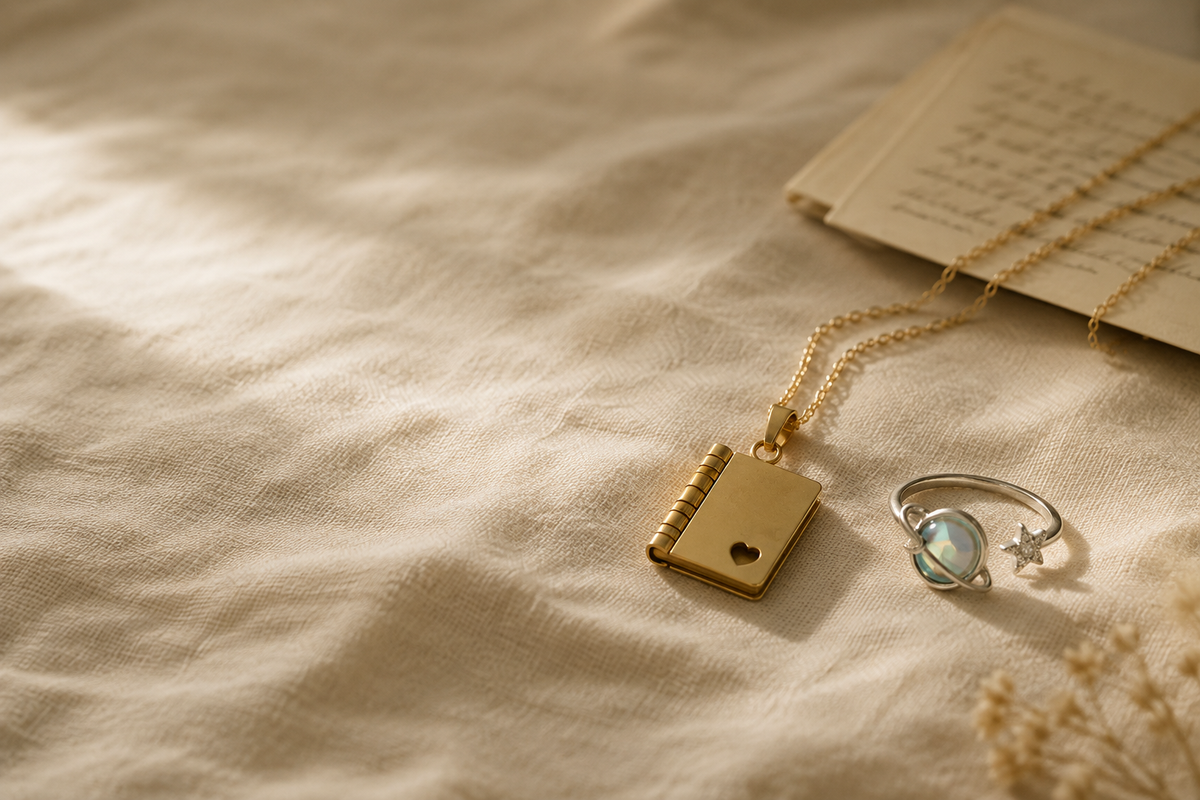 Gold pendant necklace and silver ring resting on cream linen beside a handwritten note
